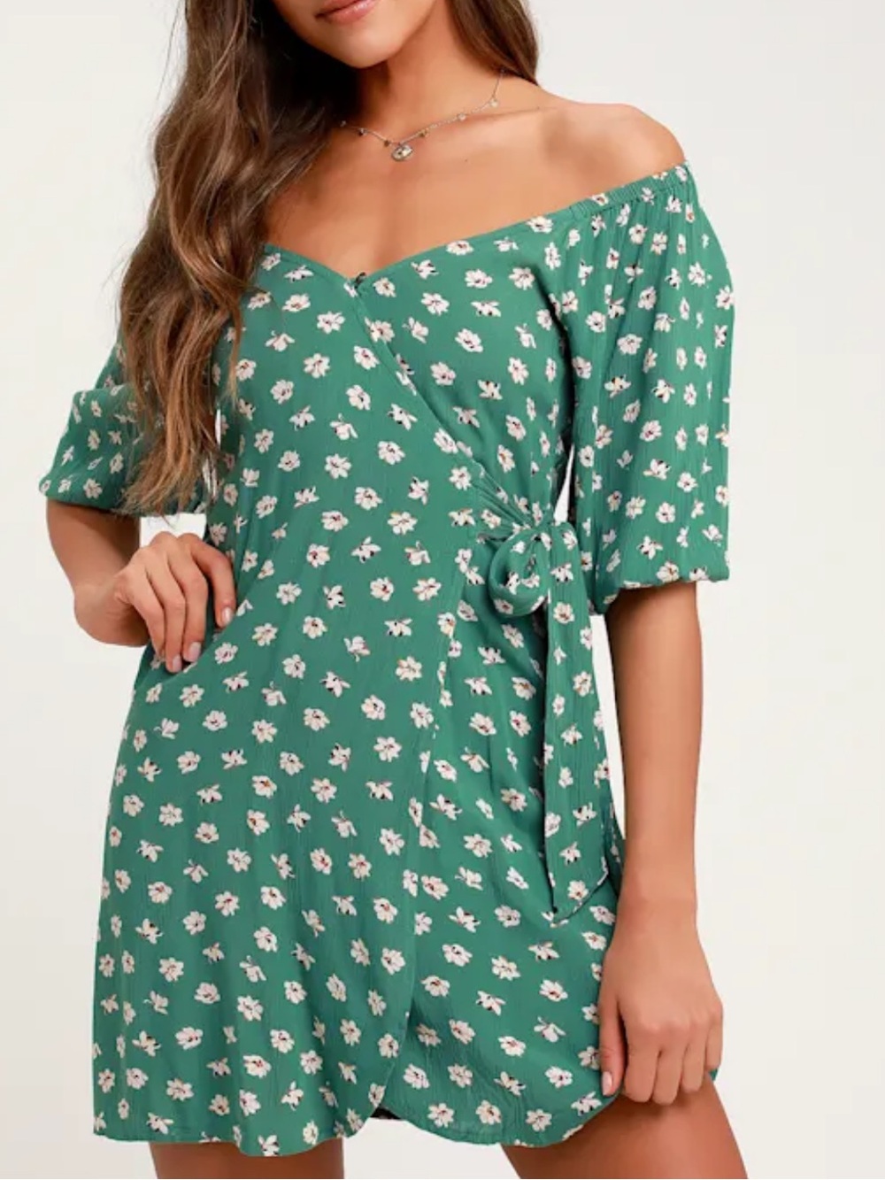 Billabong Green Floral Wrap Dress with Off-Shoulder Neckline